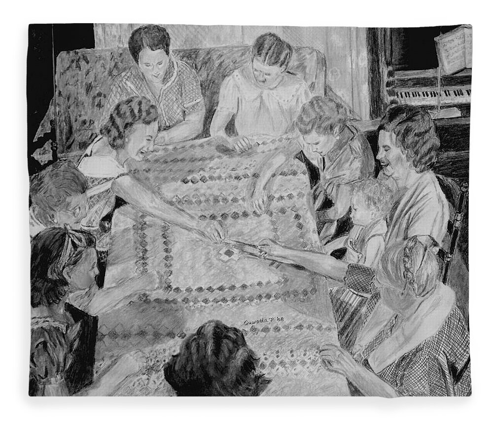 People Fleece Blanket featuring the drawing Quilting Bee by Quwatha Valentine