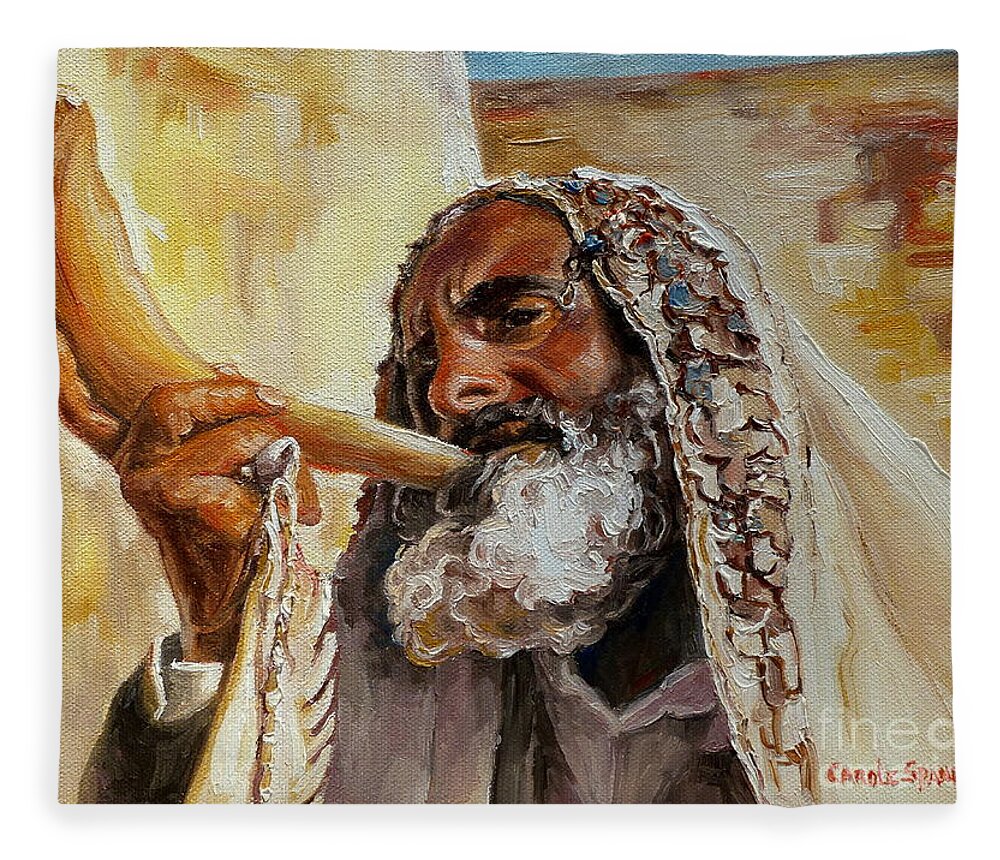 Rabbi Fleece Blanket featuring the painting Rabbi Blowing Shofar by Carole Spandau