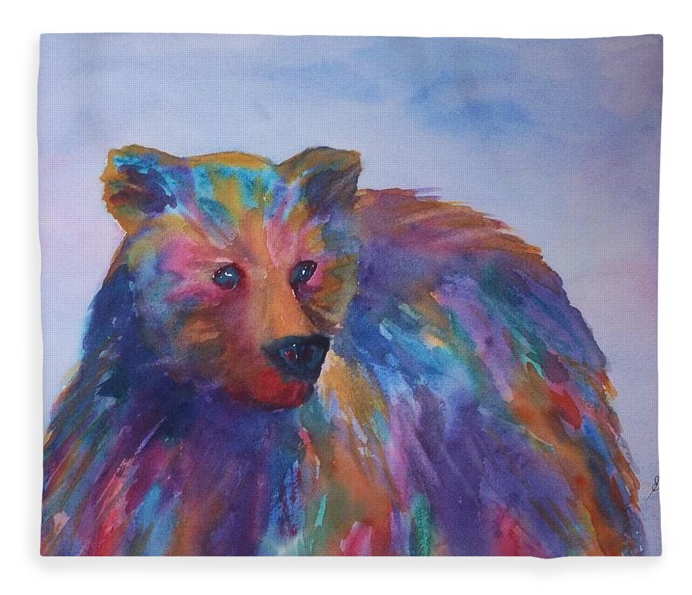 Bear Fleece Blanket featuring the painting Rainbow Bear by Ellen Levinson