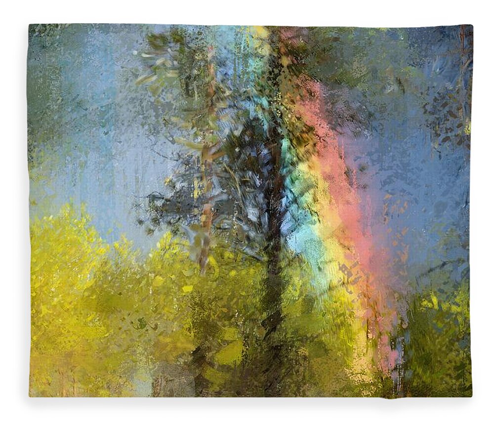 Beauty Fleece Blanket featuring the digital art Rainbow in the forest by Debra Baldwin