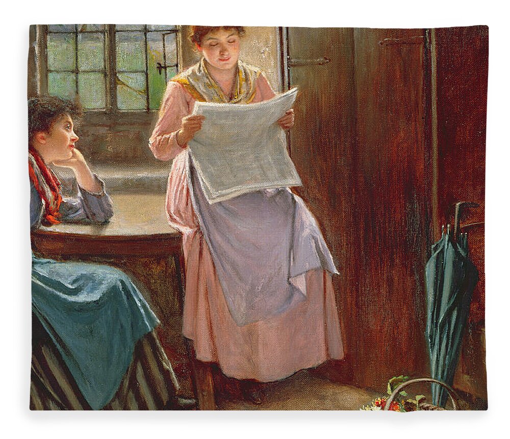 Interior; Newspaper; Letter; Reading; Female; Mother; Daughter; Daughters; Sisters; Girls; Family; Kitchen; Breakfast Table; Seated; Geraniums; Pot Plants; War Time; Communication; Victorian; Daily Life Scene; Anxiety; The Boer War Fleece Blanket featuring the painting Recent News by Haynes King