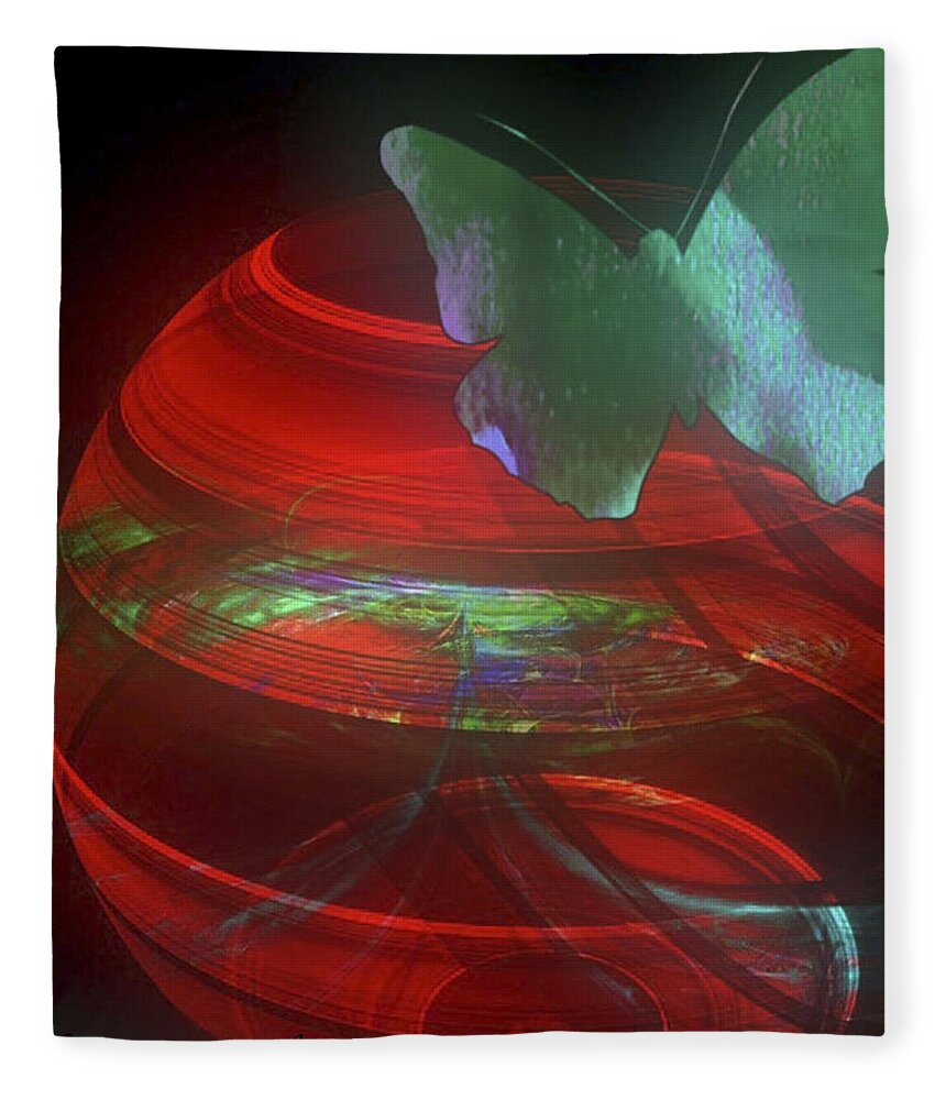 Red Fractal Bowl With Butterfly Fleece Blanket featuring the digital art Red Fractal Bowl with Butterfly by Femina Photo Art By Maggie
