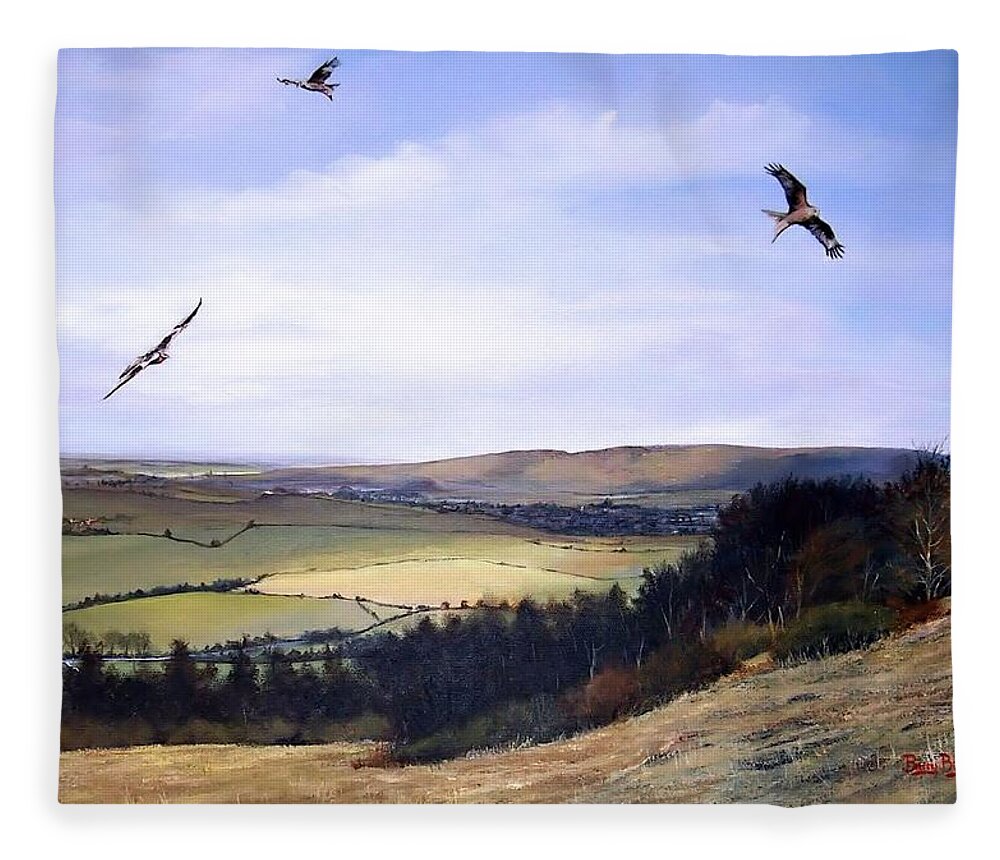  Red Kites Fleece Blanket featuring the painting Red Kites at Coombe Hill by Barry BLAKE