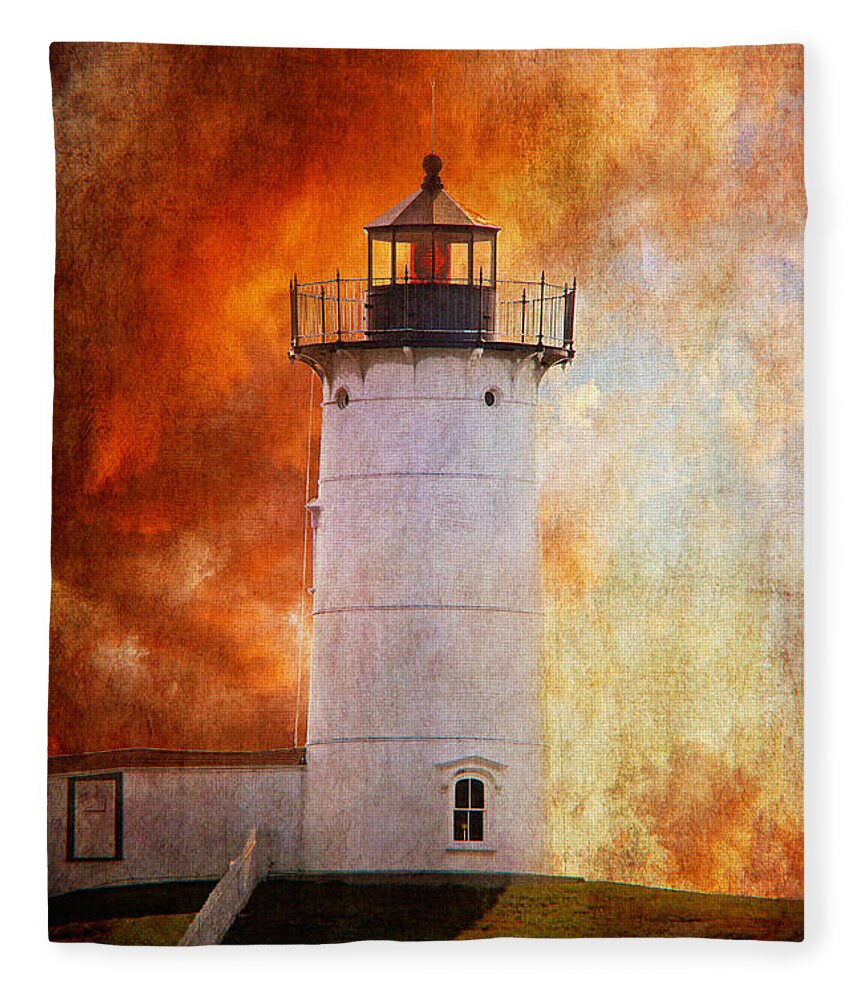Lighthouse Fleece Blanket featuring the photograph Red Sky At Morning - Nubble Lighthouse by Lois Bryan