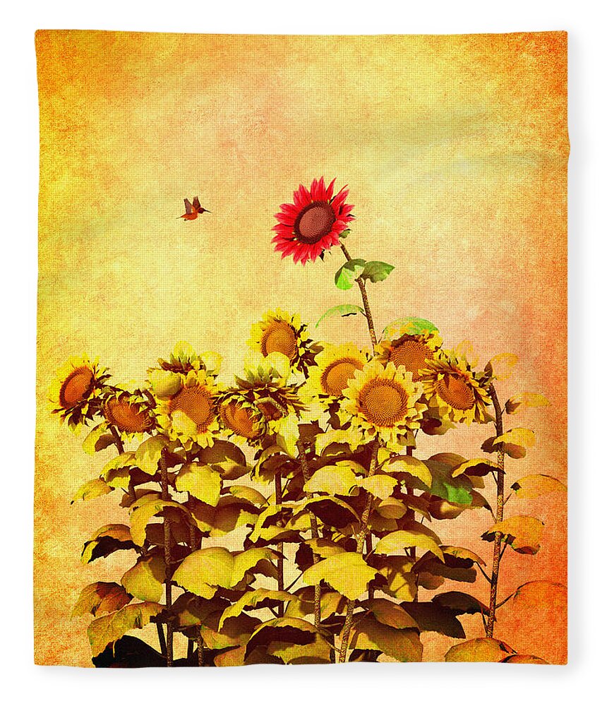 Sunflower Fleece Blanket featuring the digital art Red Sunflower by Bob Orsillo