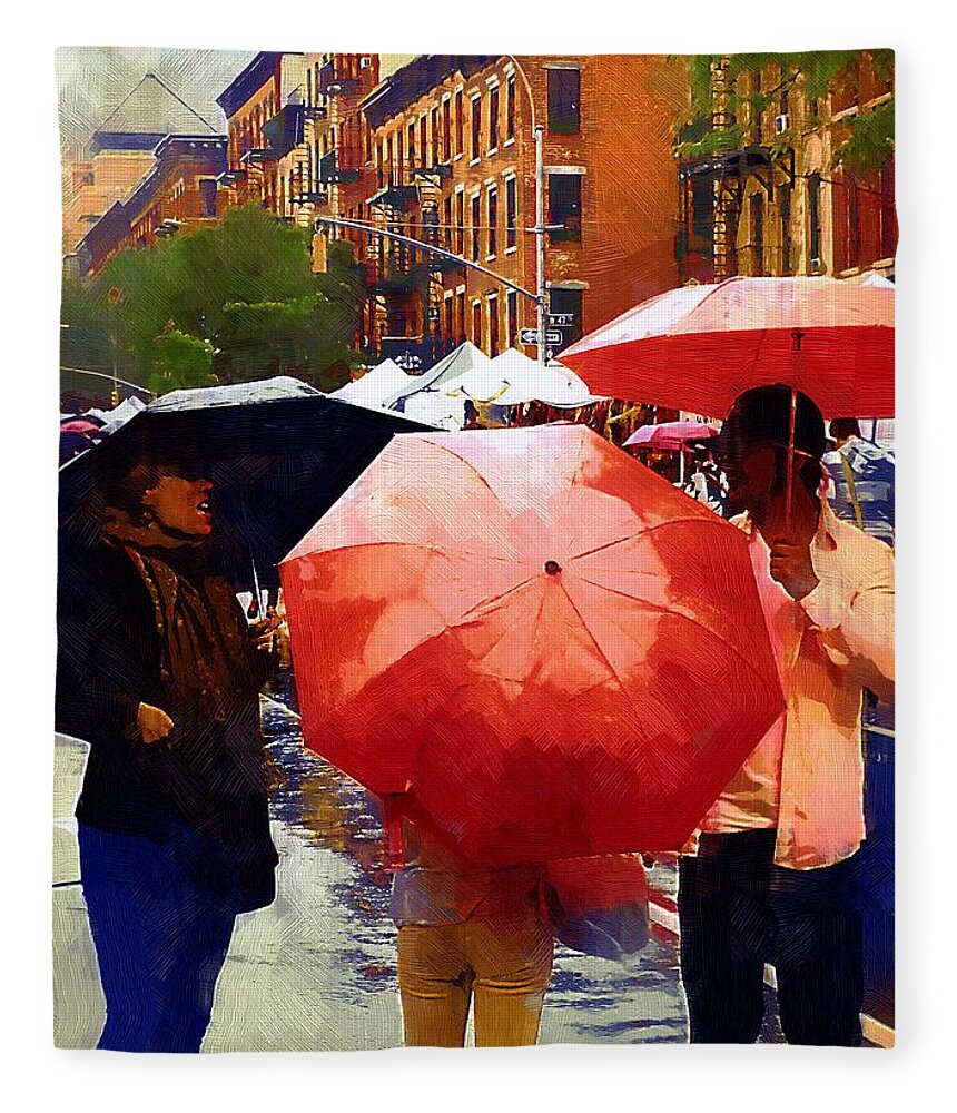 People Fleece Blanket featuring the painting Red Umbrellas in the Rain by RC DeWinter