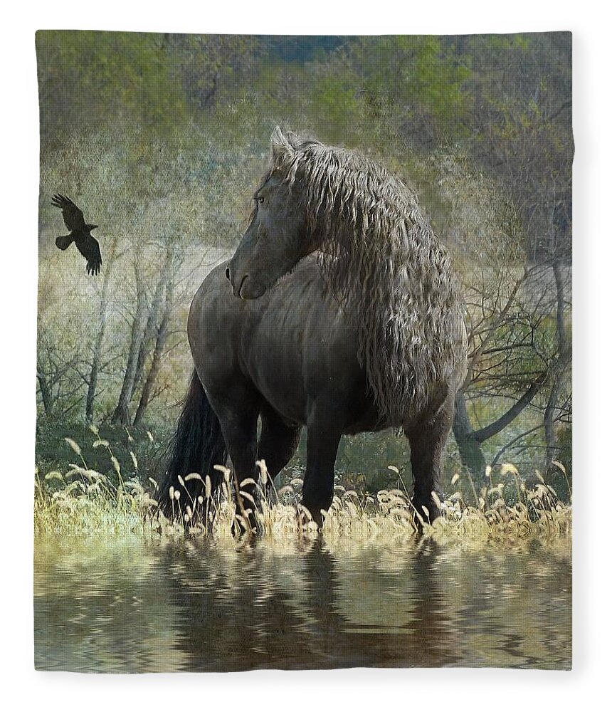 Friesian Horses Fleece Blanket featuring the photograph Remme and the Crow by Fran J Scott