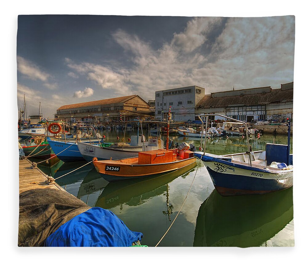 Israel Fleece Blanket featuring the photograph resting boats at the Jaffa port by Ron Shoshani