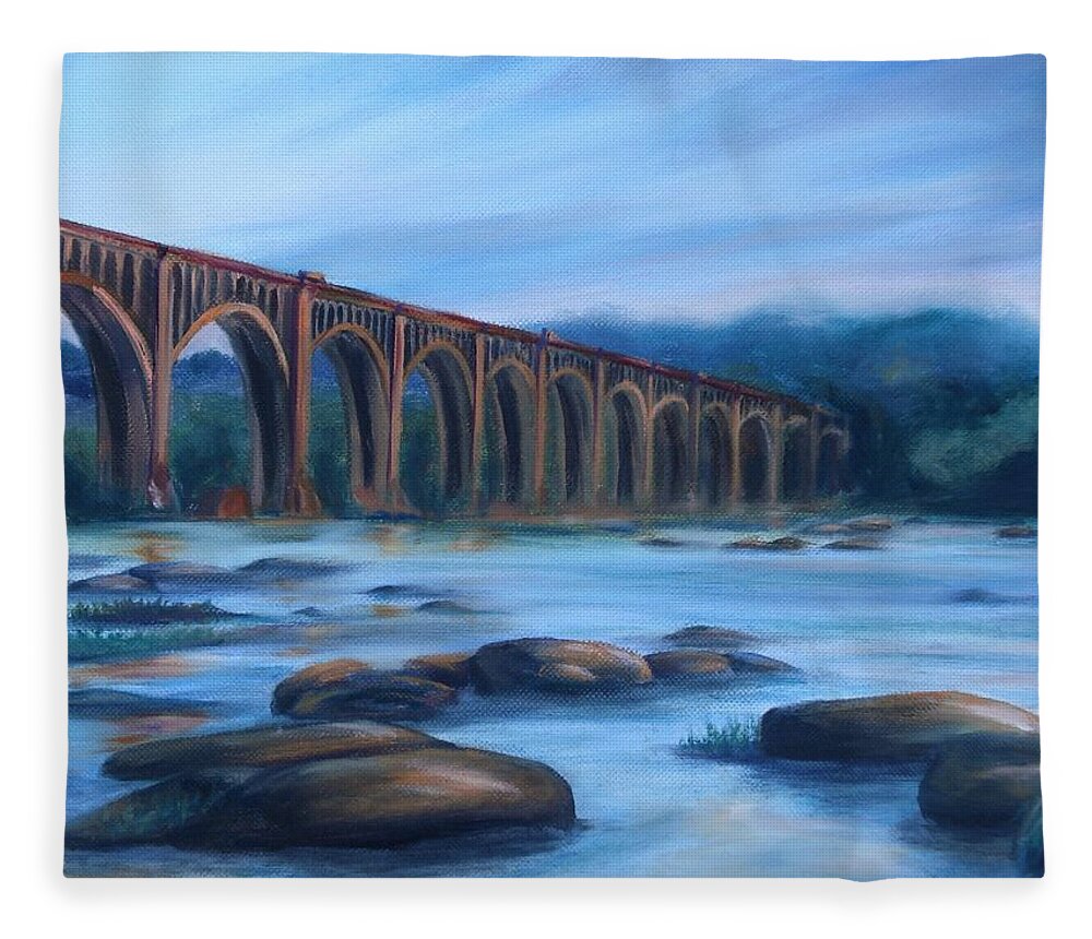 Richmond Fleece Blanket featuring the painting Richmond Train Trestle by Donna Tuten