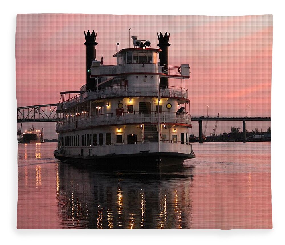 Riverboat Fleece Blanket featuring the photograph Riverboat At Sunset by Cynthia Guinn