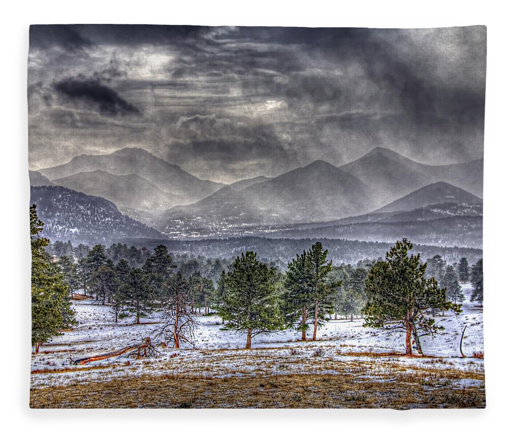 Rocky Mountain National Park Fleece Blanket featuring the photograph Rocky Mountain Snow Storm Estes Park Colorado by Roger Passman