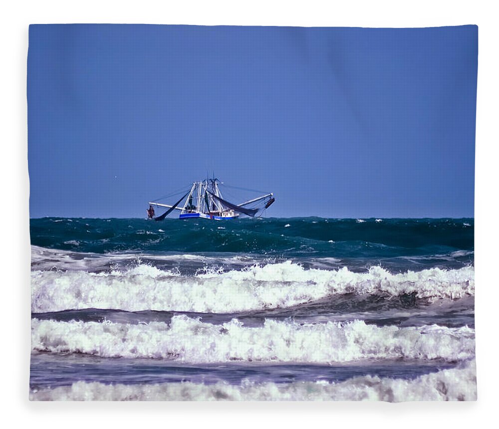 Boat Fleece Blanket featuring the photograph Rough Seas Shrimping by DigiArt Diaries by Vicky B Fuller