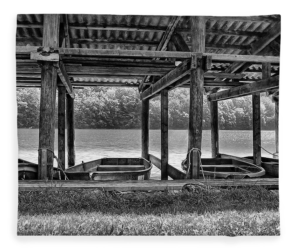 Switzerland Fleece Blanket featuring the photograph Rowboat Parking - B/W by Hanny Heim