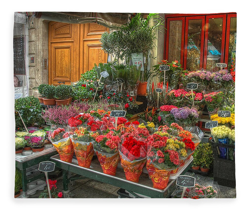 Paris Fleece Blanket featuring the photograph Rue Cler Flower Shop by Michael Kirk