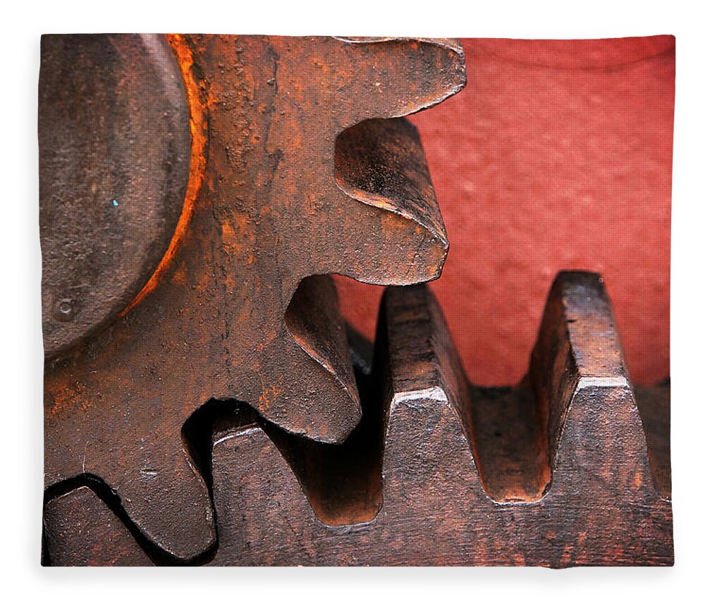 Old Fleece Blanket featuring the photograph Rusty And Metallic Gear Wheel by Mikel Martinez de Osaba