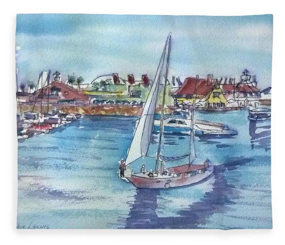 Watercolor Landscape Fleece Blanket featuring the painting Sailing by Shoreline Village by Debbie Lewis