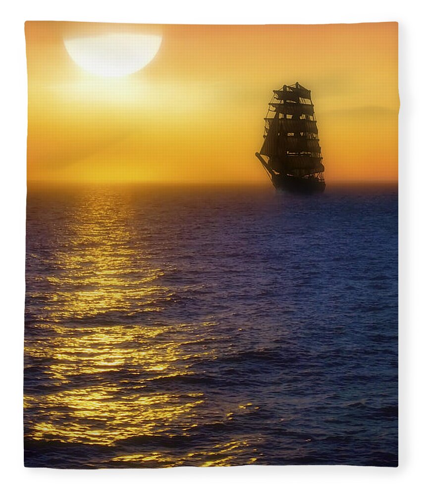 Sailing Ship Fleece Blanket featuring the photograph Sailing out of the Fog at Sunrise by Jason Politte