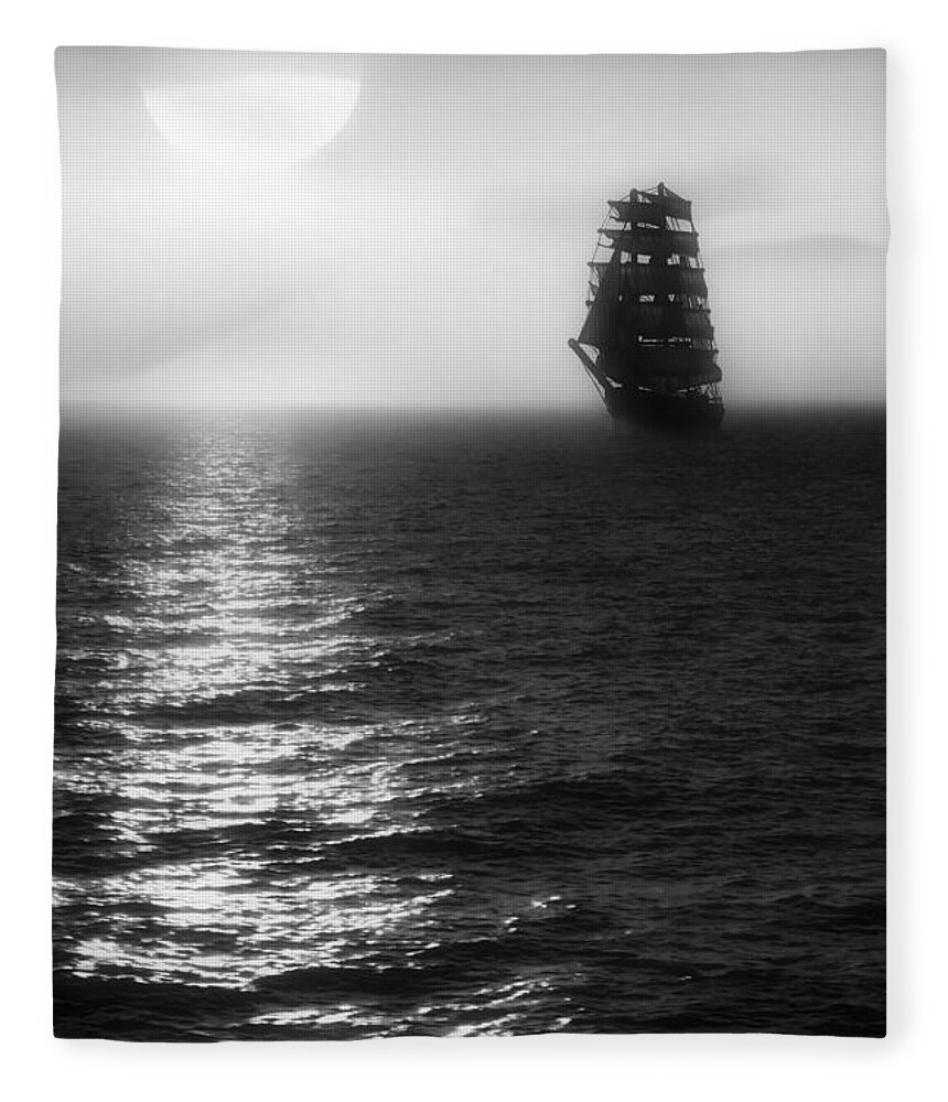 Sailing Ship Fleece Blanket featuring the photograph Sailing out of the Fog - Black and White by Jason Politte