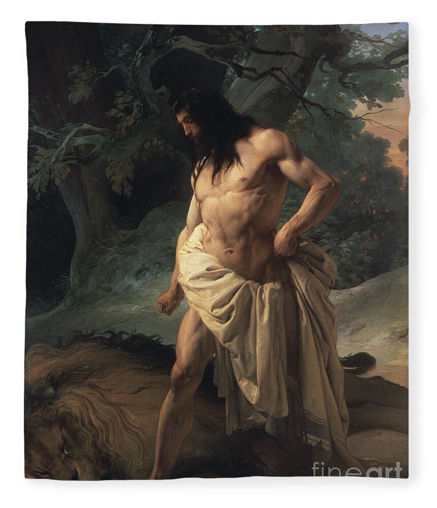 Male Fleece Blanket featuring the painting Samson Slays the Lion by Francesco Hayez
