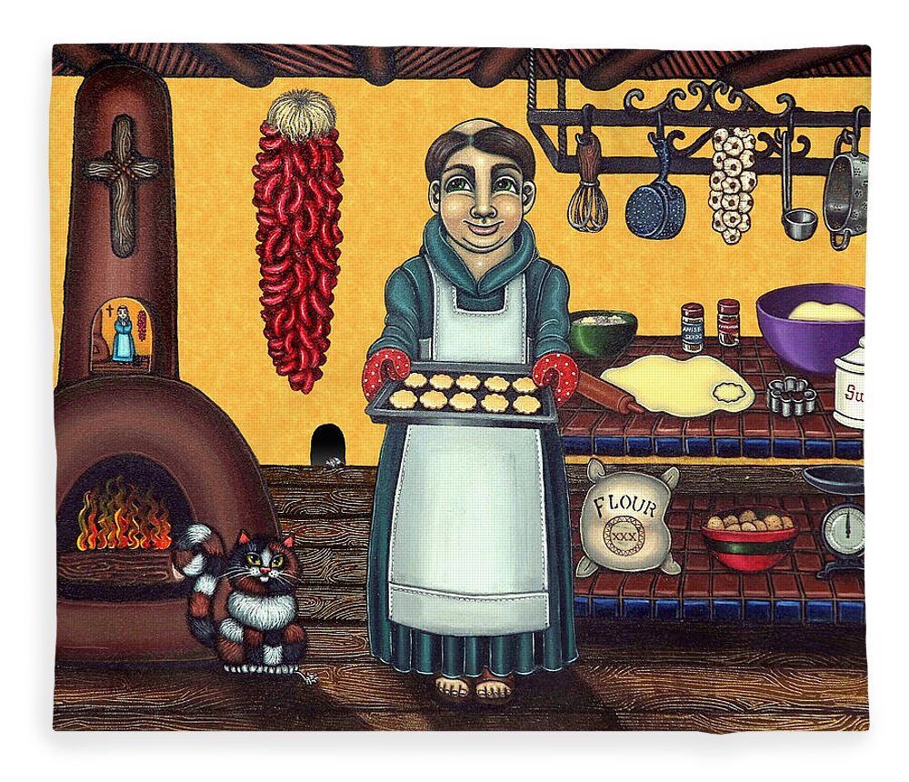 Folk Art Fleece Blanket featuring the painting San Pascual Making Biscochitos by Victoria De Almeida