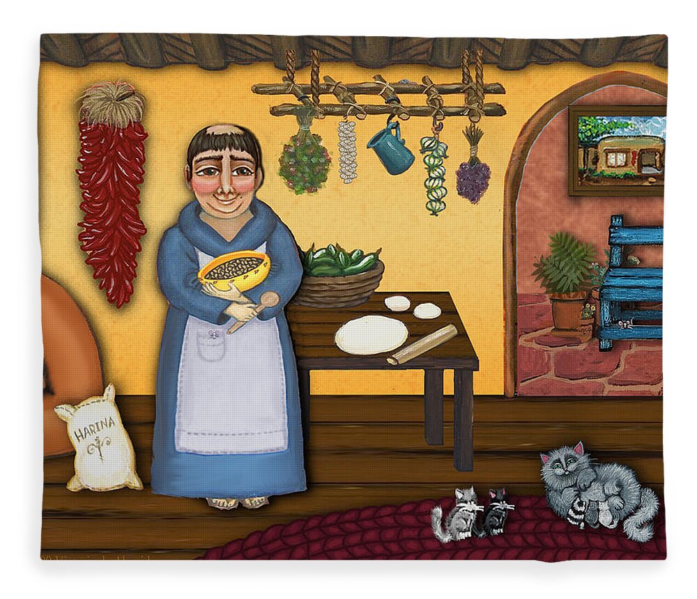 San Pascual Fleece Blanket featuring the painting San Pascuals Kitchen 2 by Victoria De Almeida
