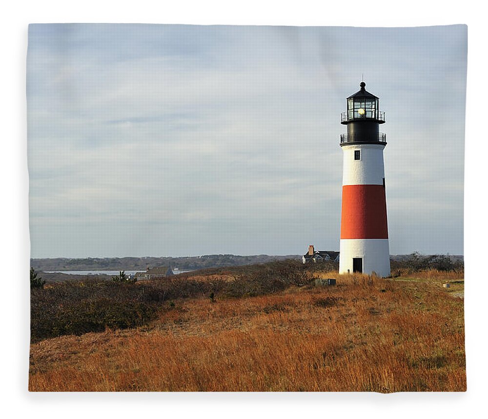 Lighthouse Fleece Blanket featuring the photograph Sankaty Head Lighthouse Nantucket in Autumn Colors by Marianne Campolongo