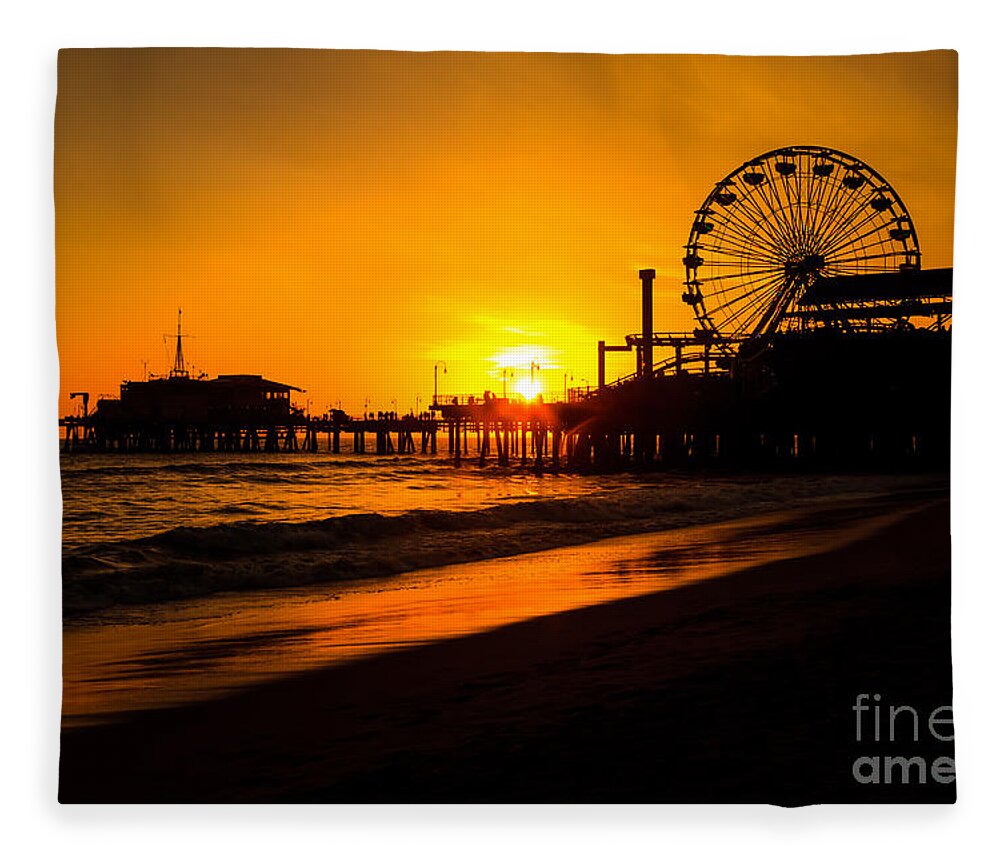 America Fleece Blanket featuring the photograph Santa Monica Pier California Sunset Photo by Paul Velgos