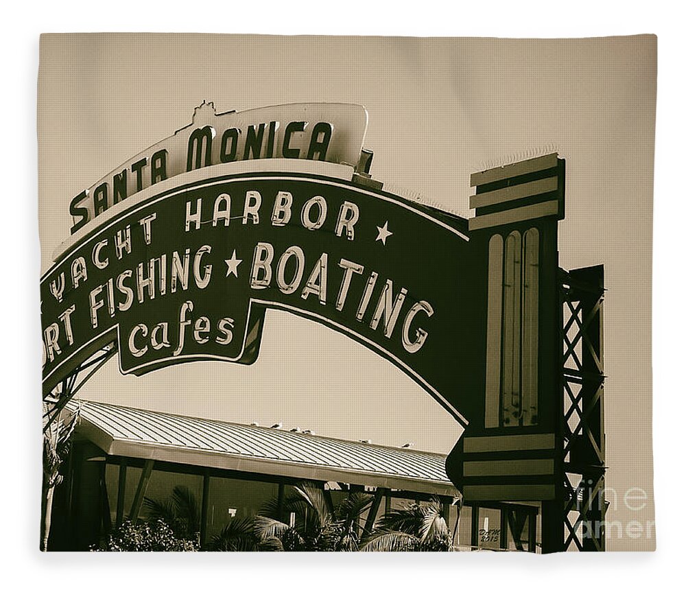 Santa Monica Fleece Blanket featuring the photograph Santa Monica Pier Sign by David Millenheft
