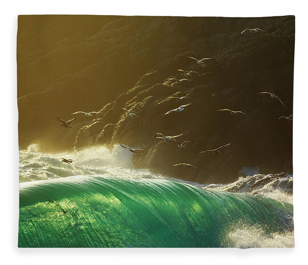 Scenics Fleece Blanket featuring the photograph Sea Birds Flying Over Huge Breaking by Howardoates
