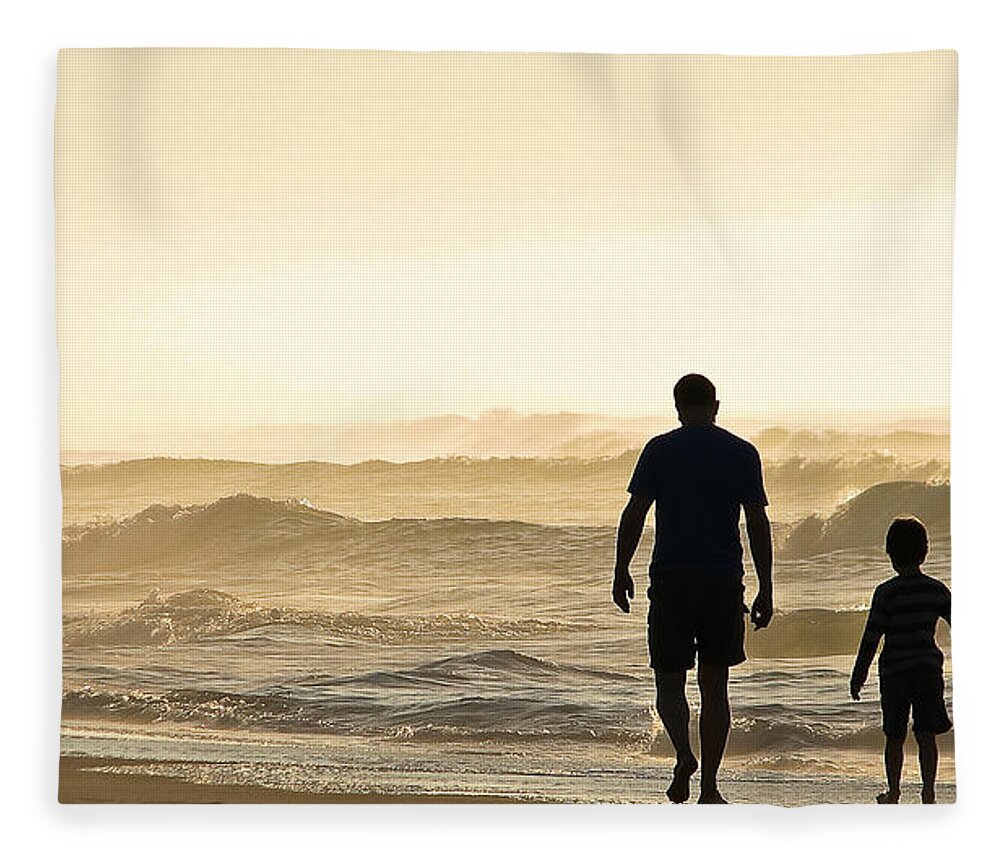 Ocean-walk Fleece Blanket featuring the photograph Silhouetted Father and Son Walk Beach by Jo Ann Tomaselli