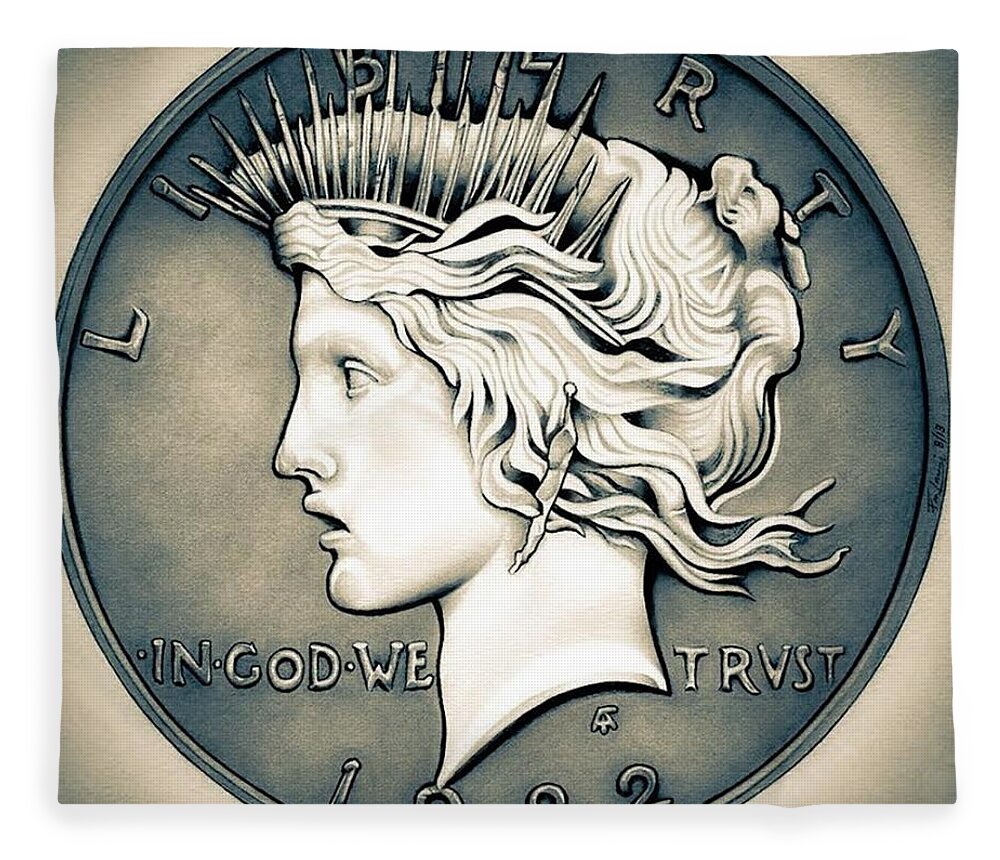 Coin Fleece Blanket featuring the drawing 1922 Silver Proof Peace Dollar by Fred Larucci
