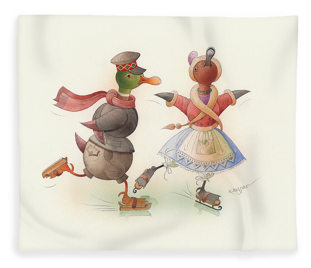 Christmas Winter Greeting Cards Ice Snow Dance Duck Holiday Fleece Blanket featuring the painting Skating Ducks 7 by Kestutis Kasparavicius