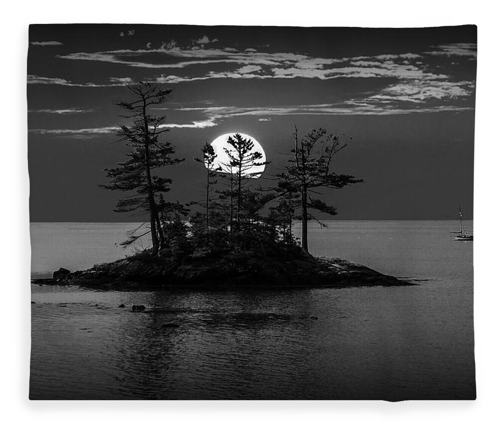 Art Fleece Blanket featuring the photograph Small Island at Sunset in Black and White by Randall Nyhof