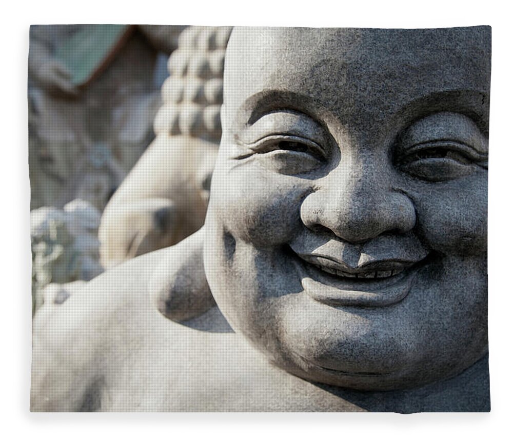 Chinese Culture Fleece Blanket featuring the photograph Smiling Stone Buddha Statue by Blake Kent / Design Pics