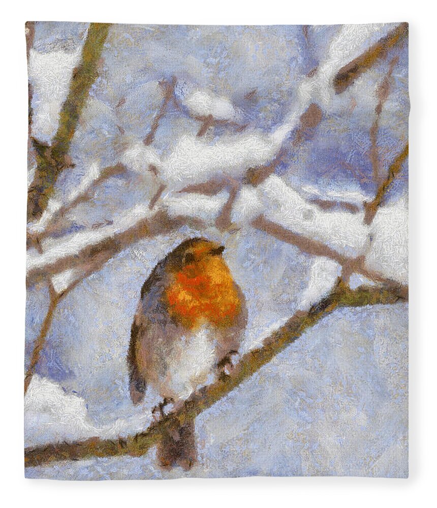 Nature Fleece Blanket featuring the digital art Snowy Robin by Charmaine Zoe