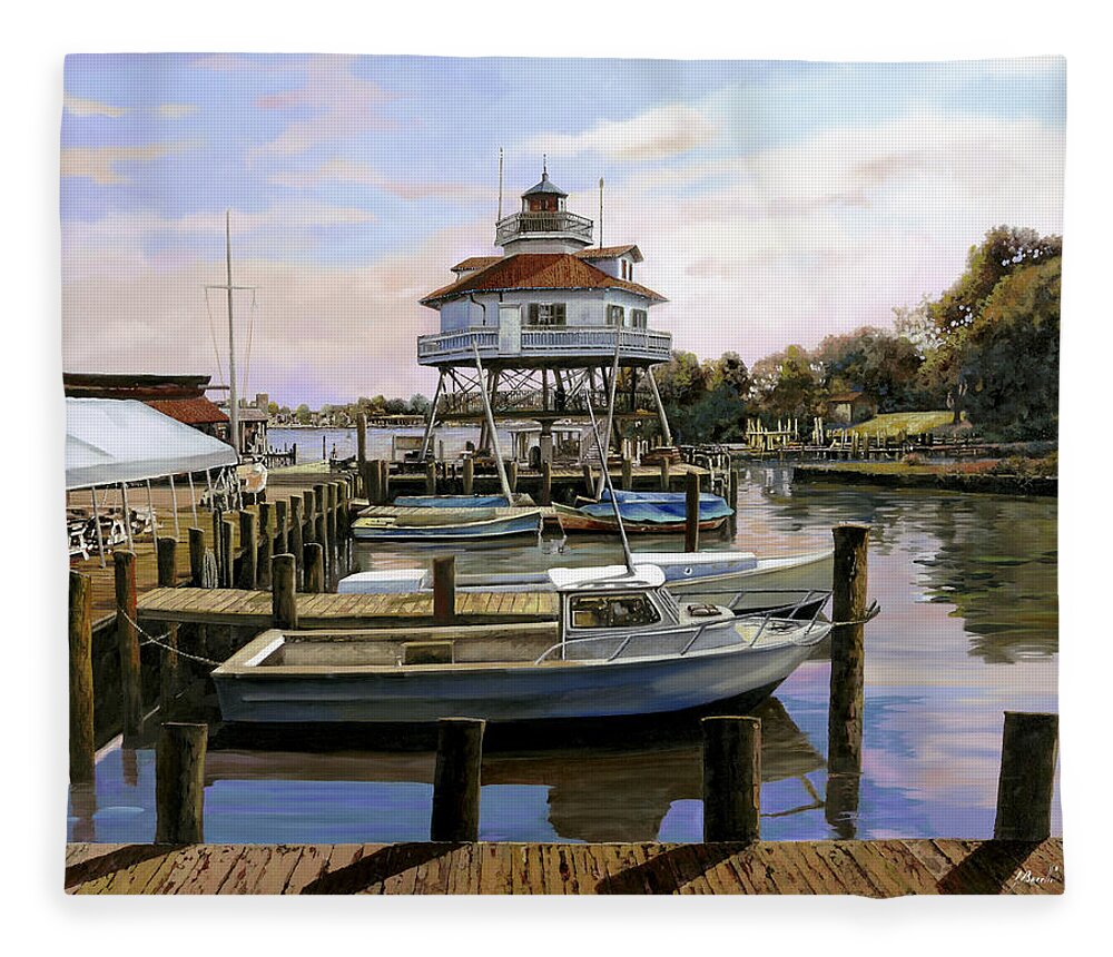 Solomon's Island Fleece Blanket featuring the painting Solomon's Island Drum Point light house,MD by Guido Borelli