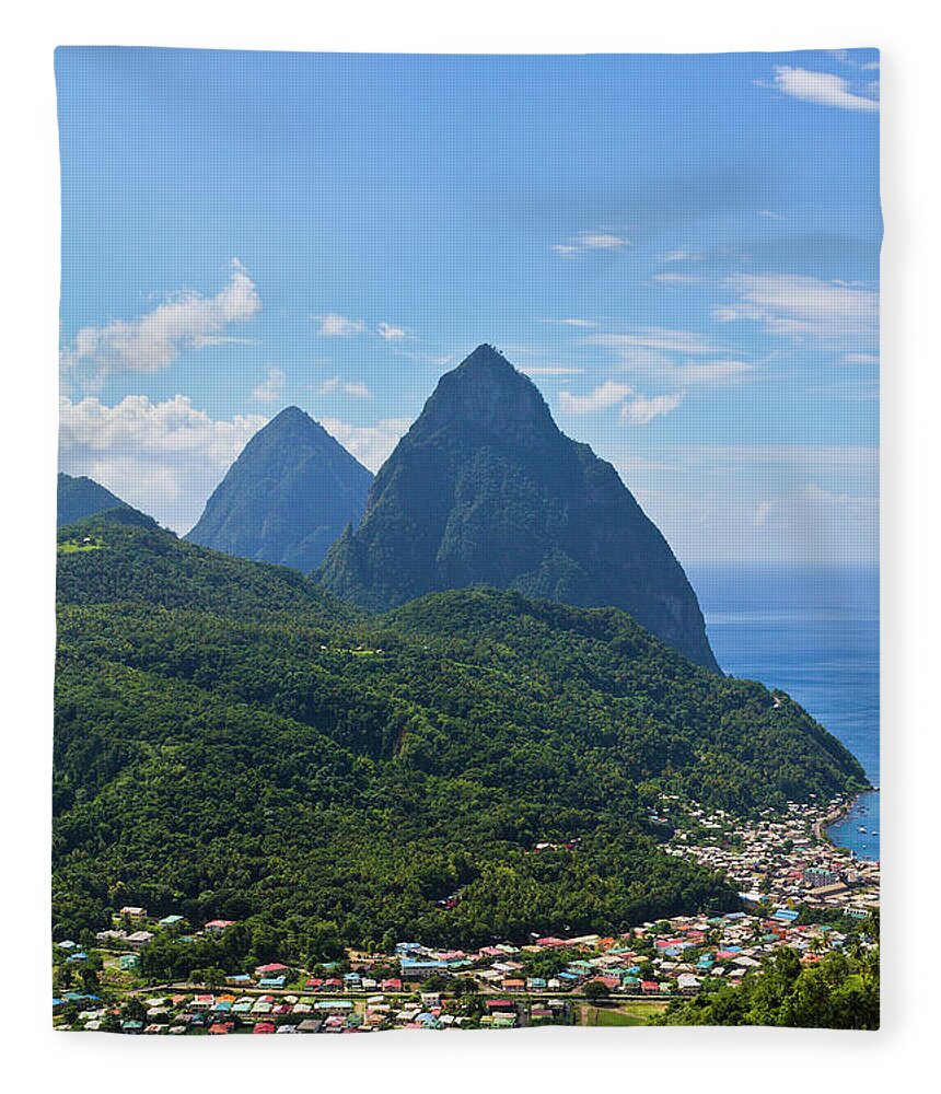 Scenics Fleece Blanket featuring the photograph Soufrière And Pitons, St. Lucia by Oriredmouse