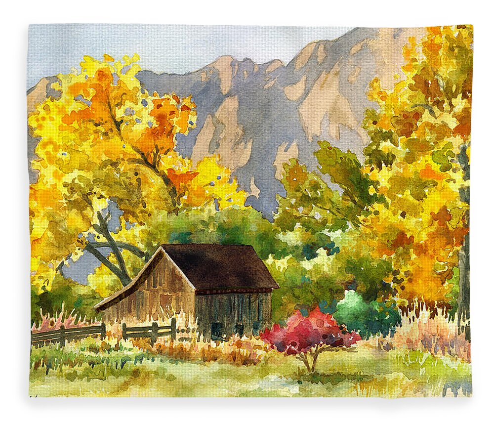 Barn Painting Fleece Blanket featuring the painting South Boulder Barn by Anne Gifford