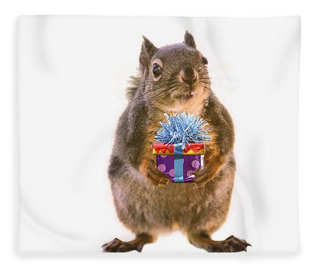 Birthday Fleece Blanket featuring the photograph Squirrel with Gift by Peggy Collins