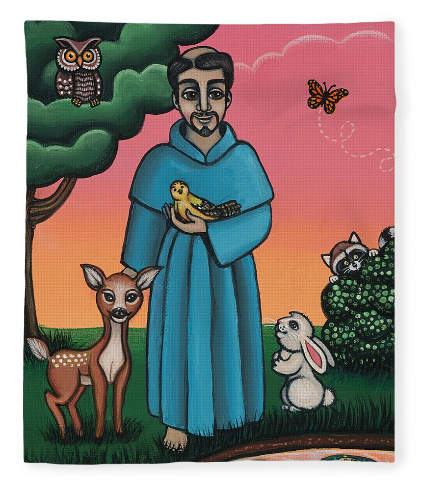 St. Francis Fleece Blanket featuring the painting St. Francis Animal Saint by Victoria De Almeida