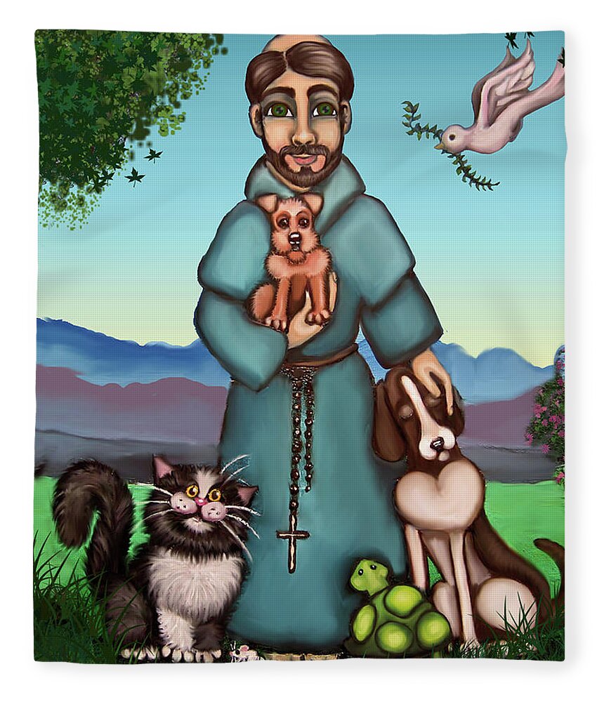 St. Francis Fleece Blanket featuring the painting St. Francis Libertys Blessing by Victoria De Almeida