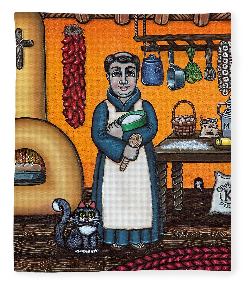San Pascual Fleece Blanket featuring the painting St. Pascual Making Bread by Victoria De Almeida