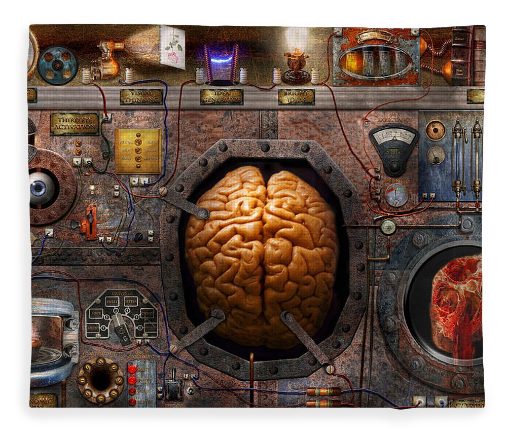 Brain Fleece Blanket featuring the photograph Steampunk - Information overload by Mike Savad