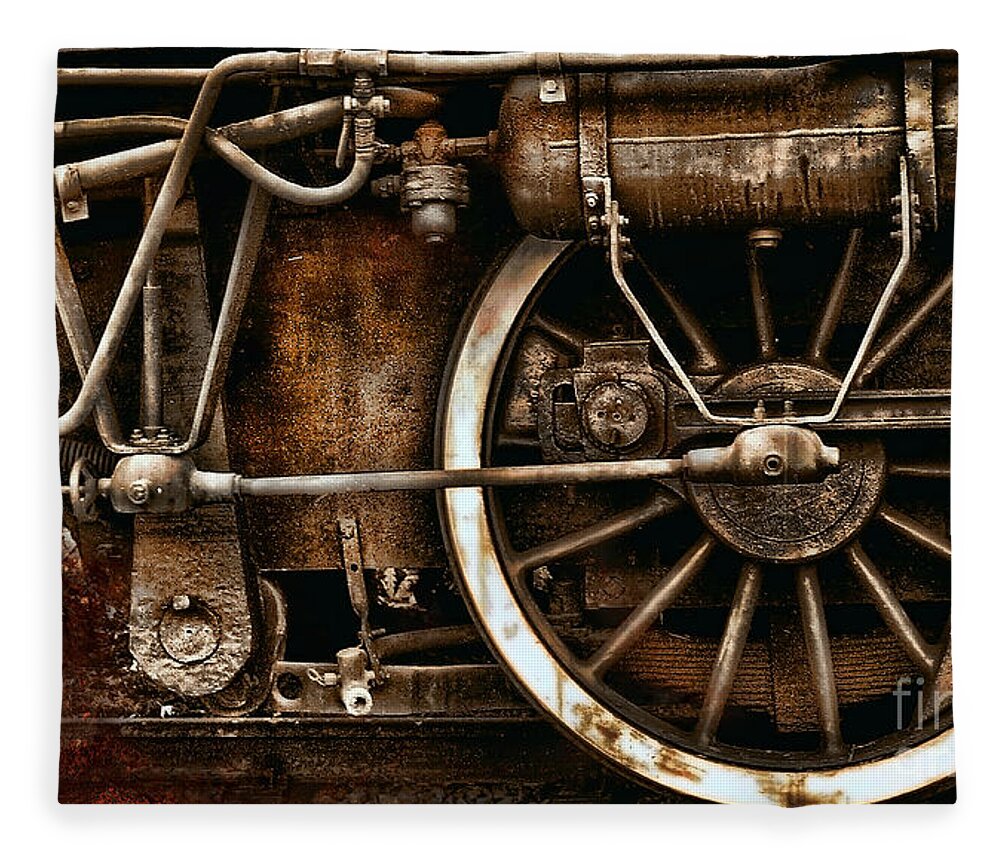 Wheels Fleece Blanket featuring the photograph Steampunk- Wheels of vintage steam train by Daliana Pacuraru