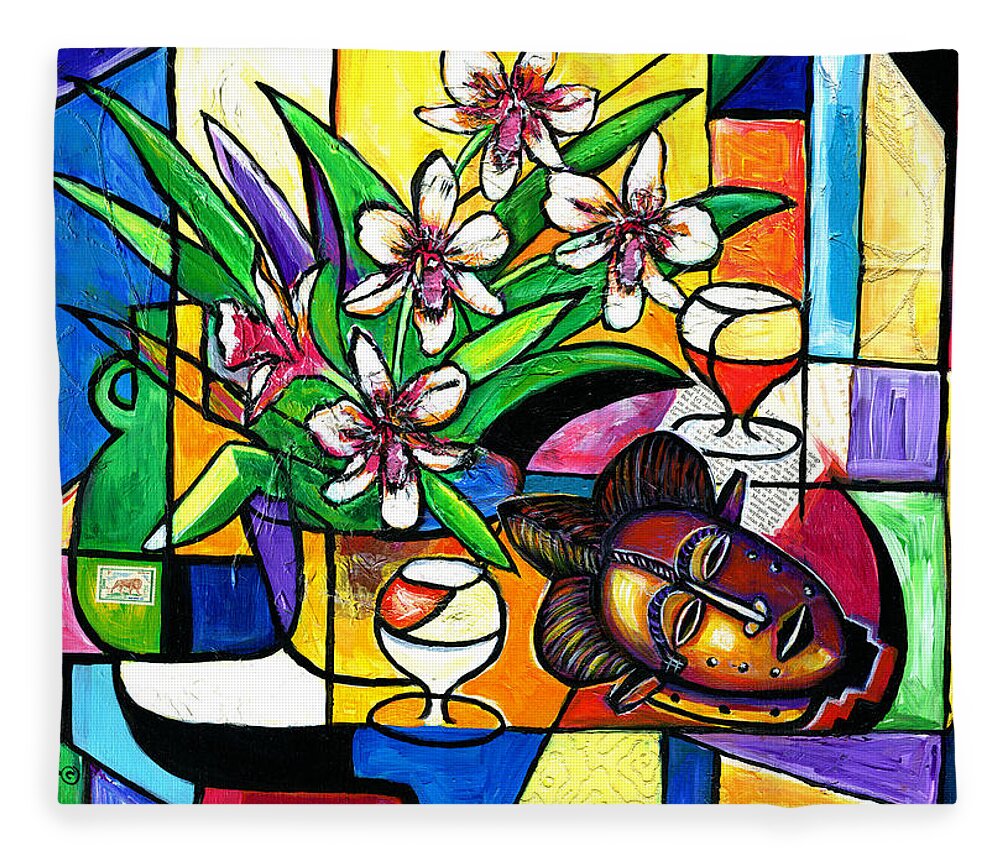 Everett Spruill Fleece Blanket featuring the painting Still LIfe with Orchids and African Mask by Everett Spruill