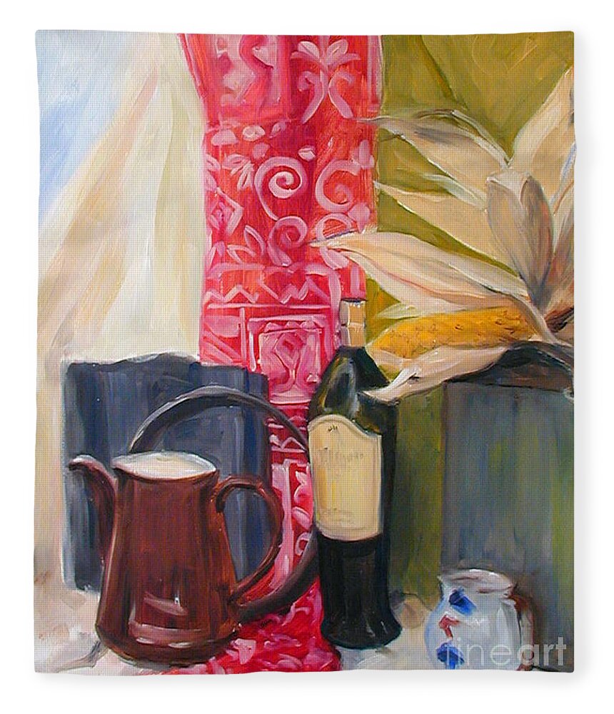 Greta Corens Still Life Paintings Fleece Blanket featuring the painting Oil Painting Still Life with Red Cloth and Pottery by Greta Corens