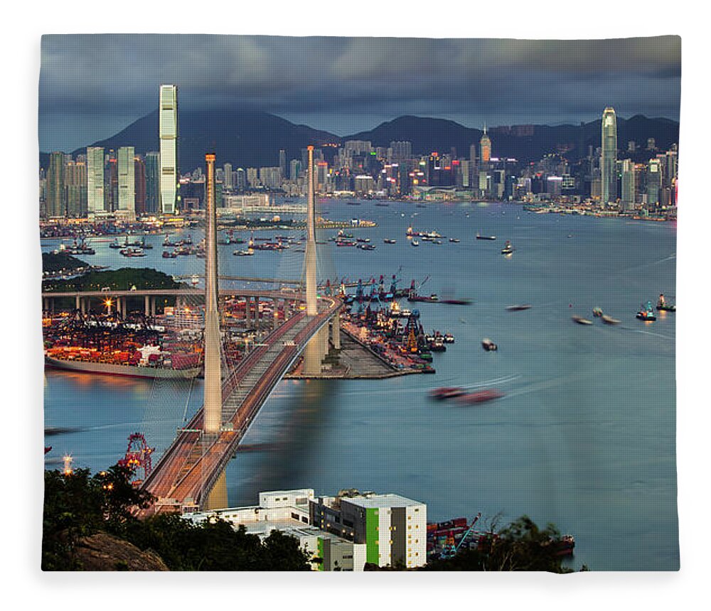 Built Structure Fleece Blanket featuring the photograph Stonecutter Bridge, Hong Kong by William C. Y. Chu