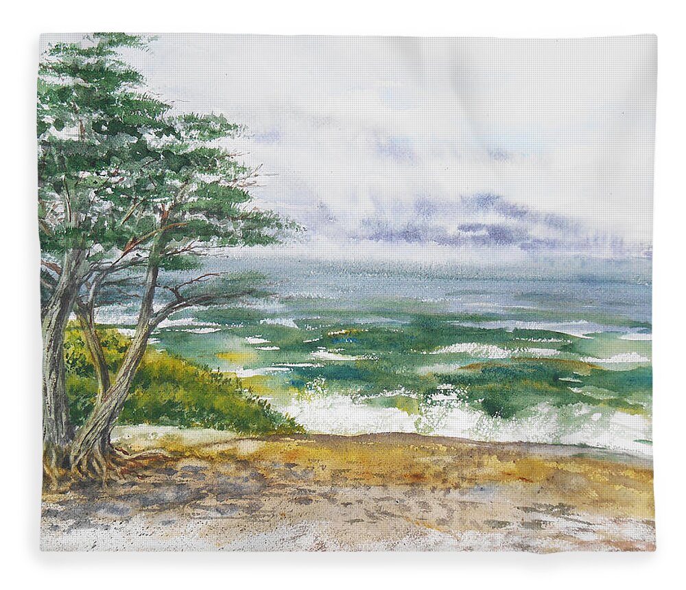 Seascape Fleece Blanket featuring the painting Stormy Morning At Carmel By The Sea California by Irina Sztukowski