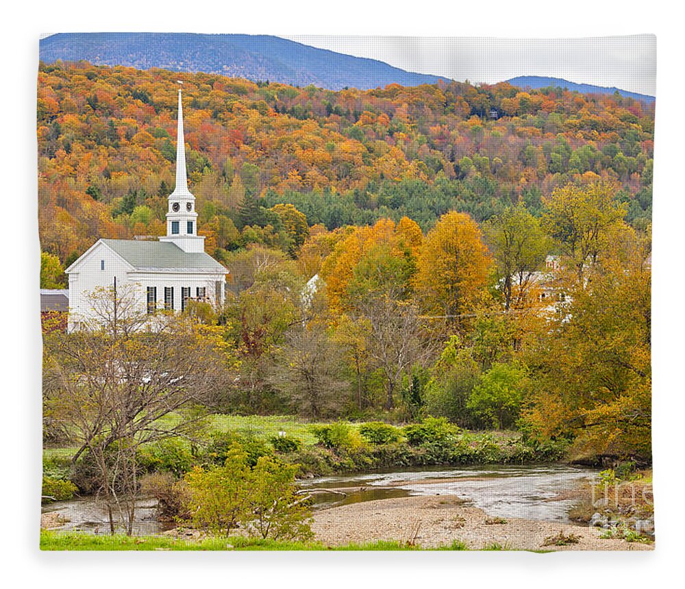 Stowe Fleece Blanket featuring the photograph Stowe Vermont community church and Little River by Ken Brown