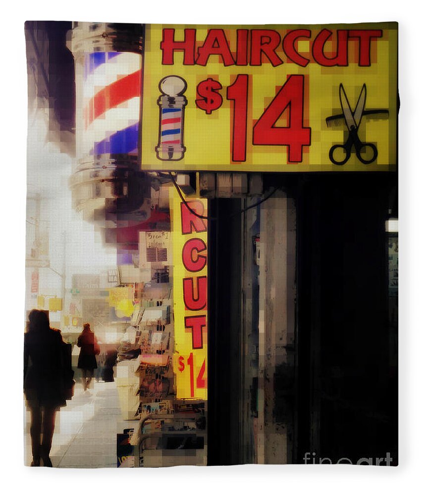 Street Sign Fleece Blanket featuring the photograph Streets of New York - Haircut 14 Dollars by Miriam Danar